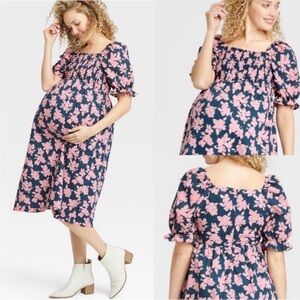 The Nines by Hatch Blue and Pink Floral Maternity Dress Midi Puff Sleeve Medium